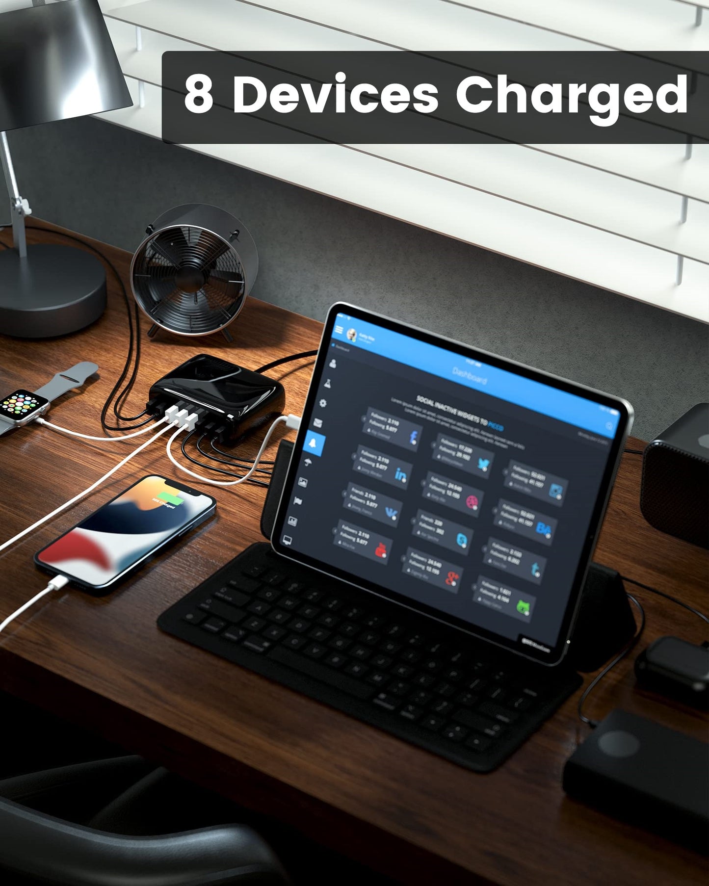 Koosom USB Charger Station, 8-Port Desktop Charging Station for Multiple Devices, Compatible with iPhone 11/X/Xs/Max/XR/SE/8/Plus, iPad Pro/Air/Mini, AirPods, Galaxy S10 Note, LG, and More, Black