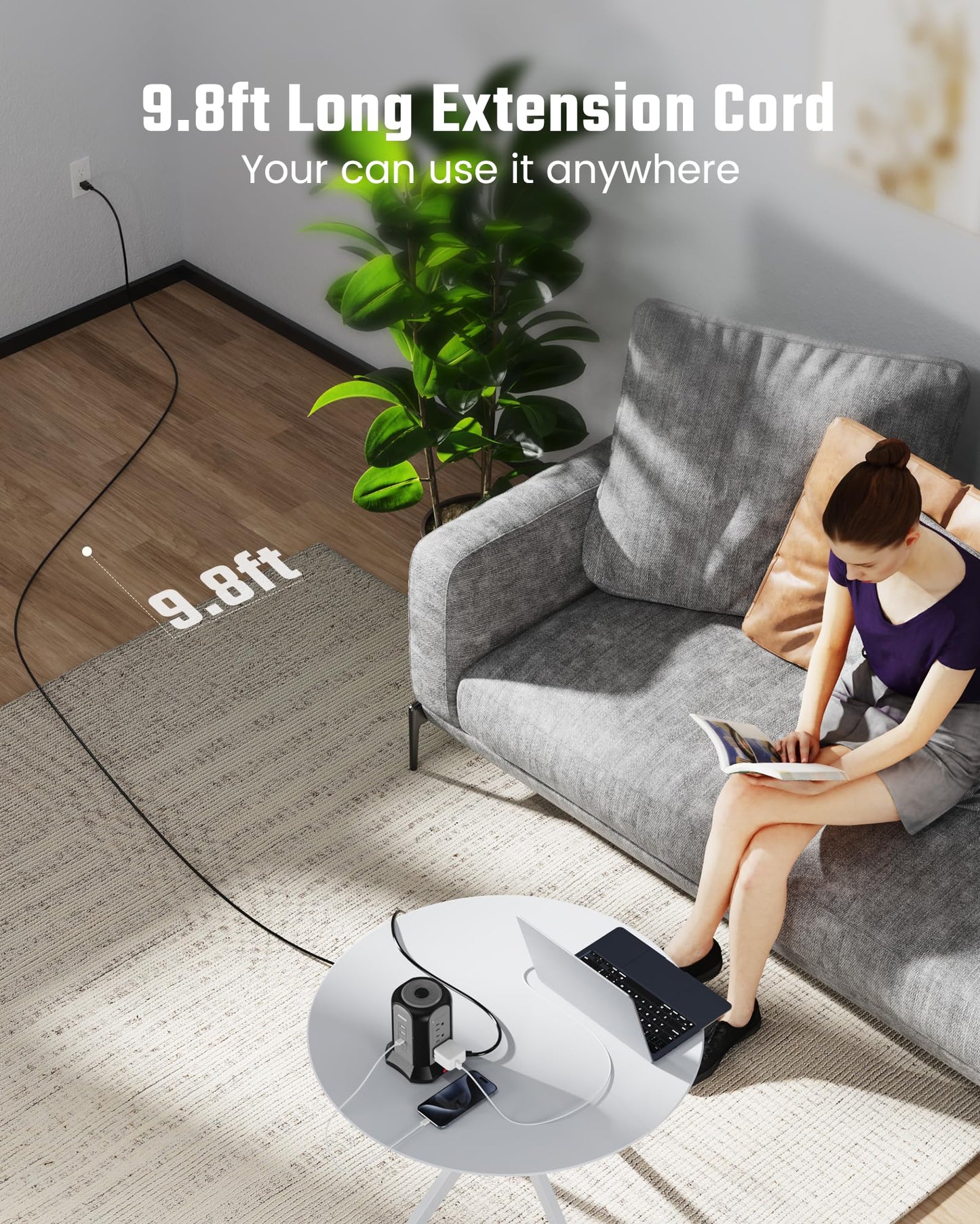 Koosom Power Strip Tower Surge Protector, Desktop Charging Station, 10 Ft Extension Cord, 9 Outlets, 4 USB Ports, 1080 Joules, 3-Prong, Grounded, Multiple Protections for Home, Office, Black