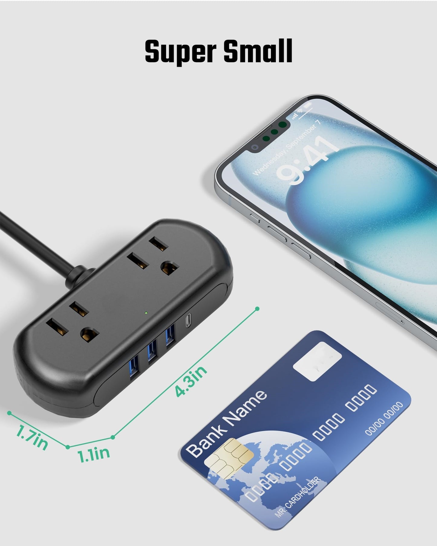 Koosom Power Strip with USB, Mini Surge Protector with 2 Wide-Spaced Outlets, 3 USB-A 1 USB-C, 5.05Ft Extension Cord, Flat Plug, Compact Size Desktop Charging Station Travel, Home, Office, Black