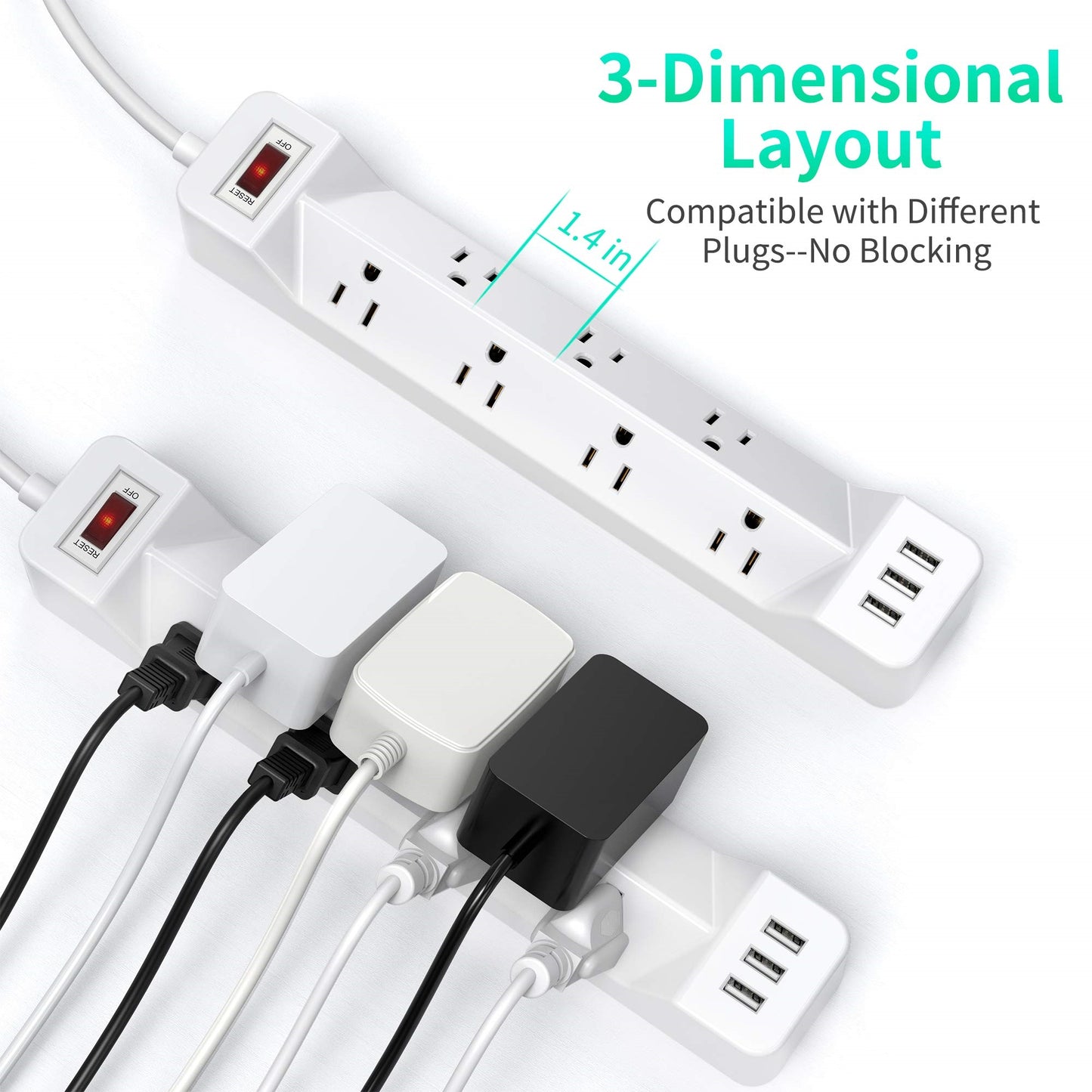 Koosom 16.5 Ft Power Strip Surge Protector Flat Plug with USB, 7 Wide Spaced Outlets 3 USB Ports Mountable Extension Cord Charging Station, Overload Protection for Home Office Hotel Dorm, White