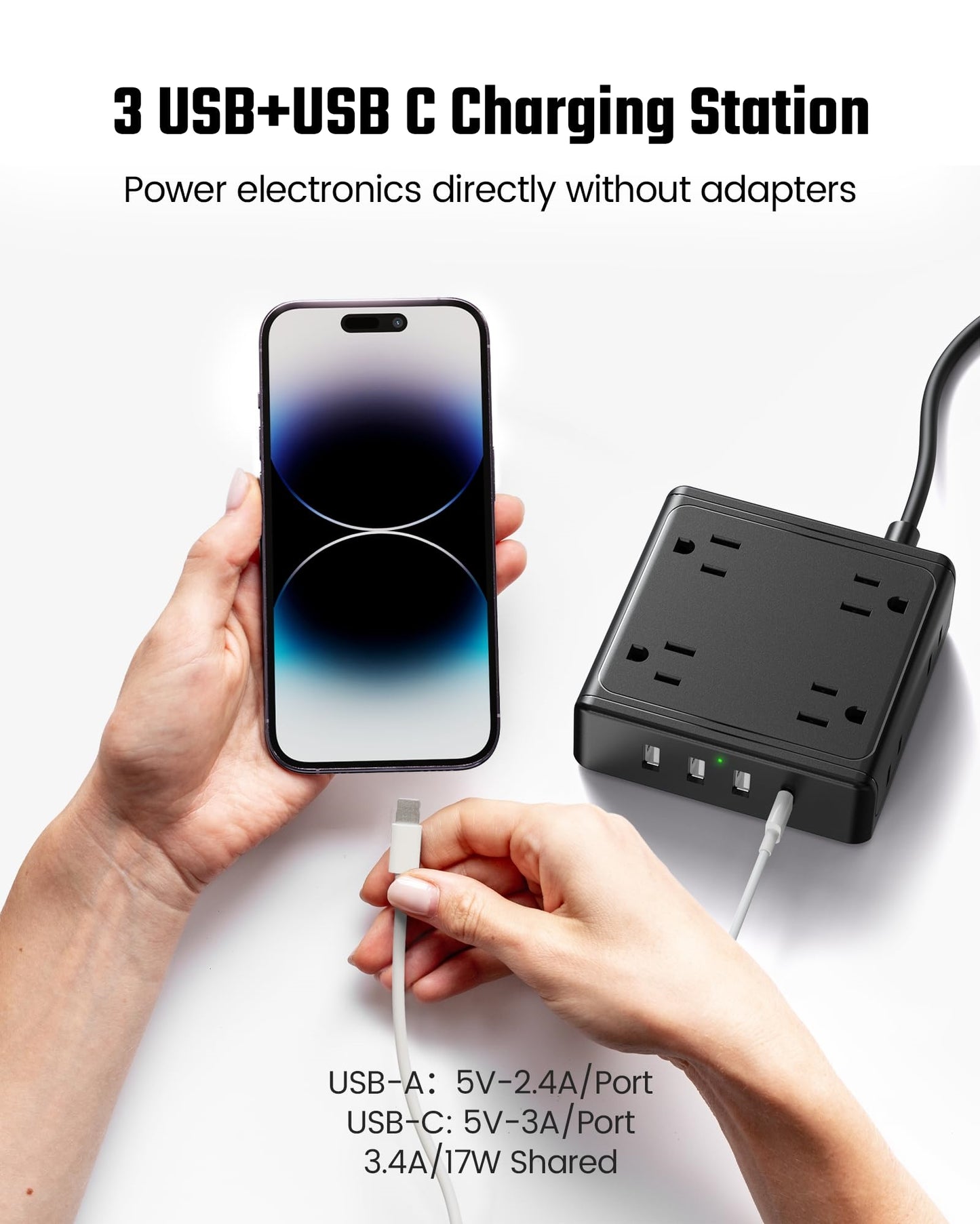 Koosom Power Strip with USB Ports, 8 Widely Spaced AC Outlets & 3 USB-A & 1 USB-C, Mountable, Charging Station, Flat Plug, 5 ft Extension Cord, for Home Office Dorm Hotel Travel Cruise Ship, Black