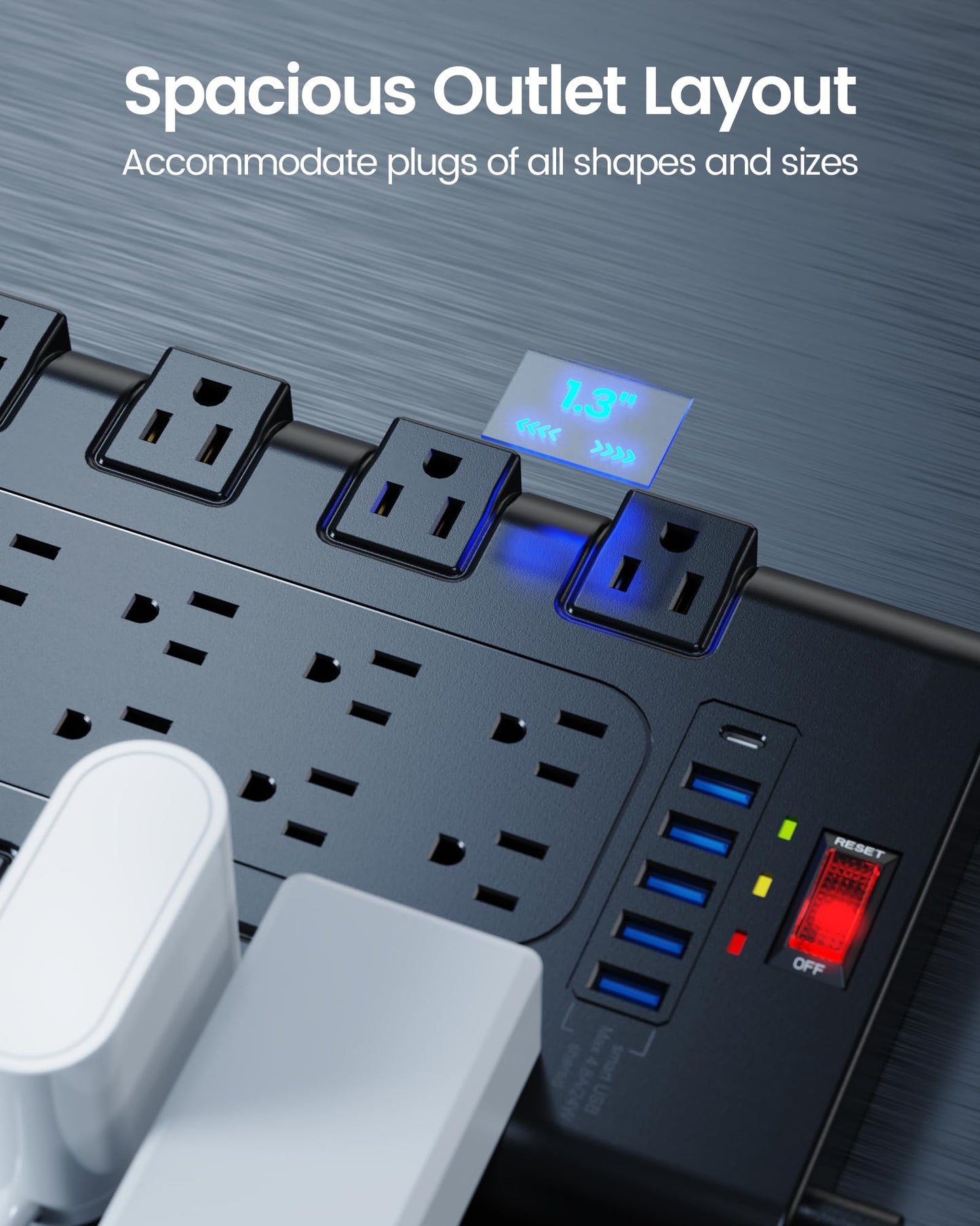 Power Strip, Koosom Surge Protector with 22 AC Outlets and 6 USB Charging Ports, 1875W/15A, 2100 Joules, 6.5Ft Flat Plug Heavy Duty Extension Cord