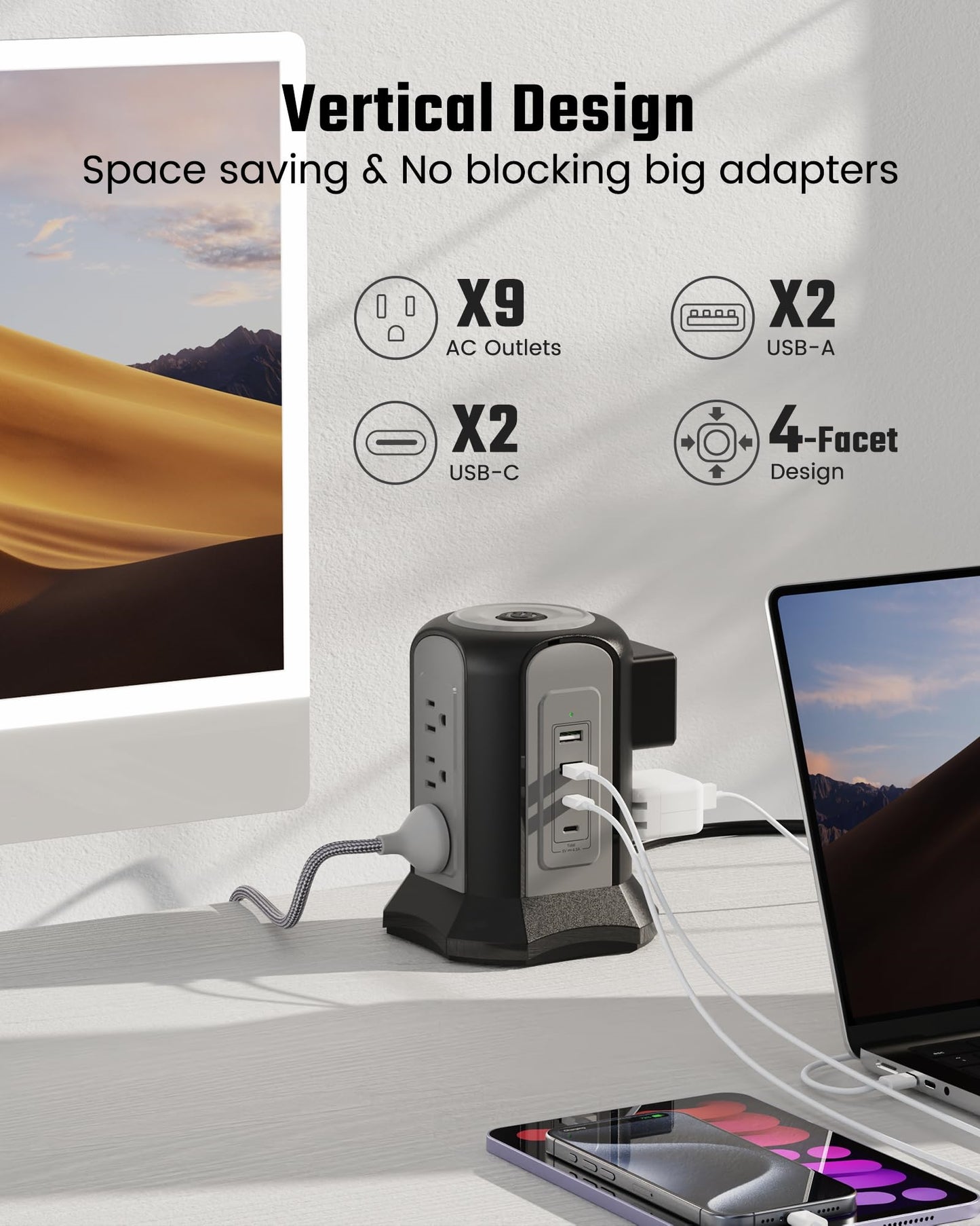Koosom Power Strip Tower Surge Protector, Desktop Charging Station, 10 Ft Extension Cord, 9 Outlets, 4 USB Ports, 1080 Joules, 3-Prong, Grounded, Multiple Protections for Home, Office, Black