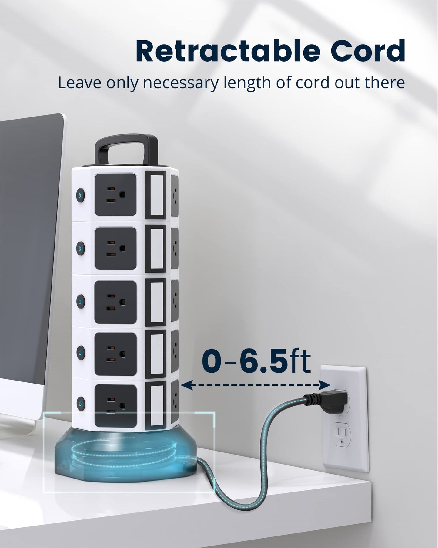 Koosom Power Strip Tower Surge Protector, 20 Outlets 6 USB (2 USB C) Charging Station, Extension Cord with Multiple Outlets, 1050J 1625W/13A Outlet Extender 6.5ft Extension Cord for Home Office