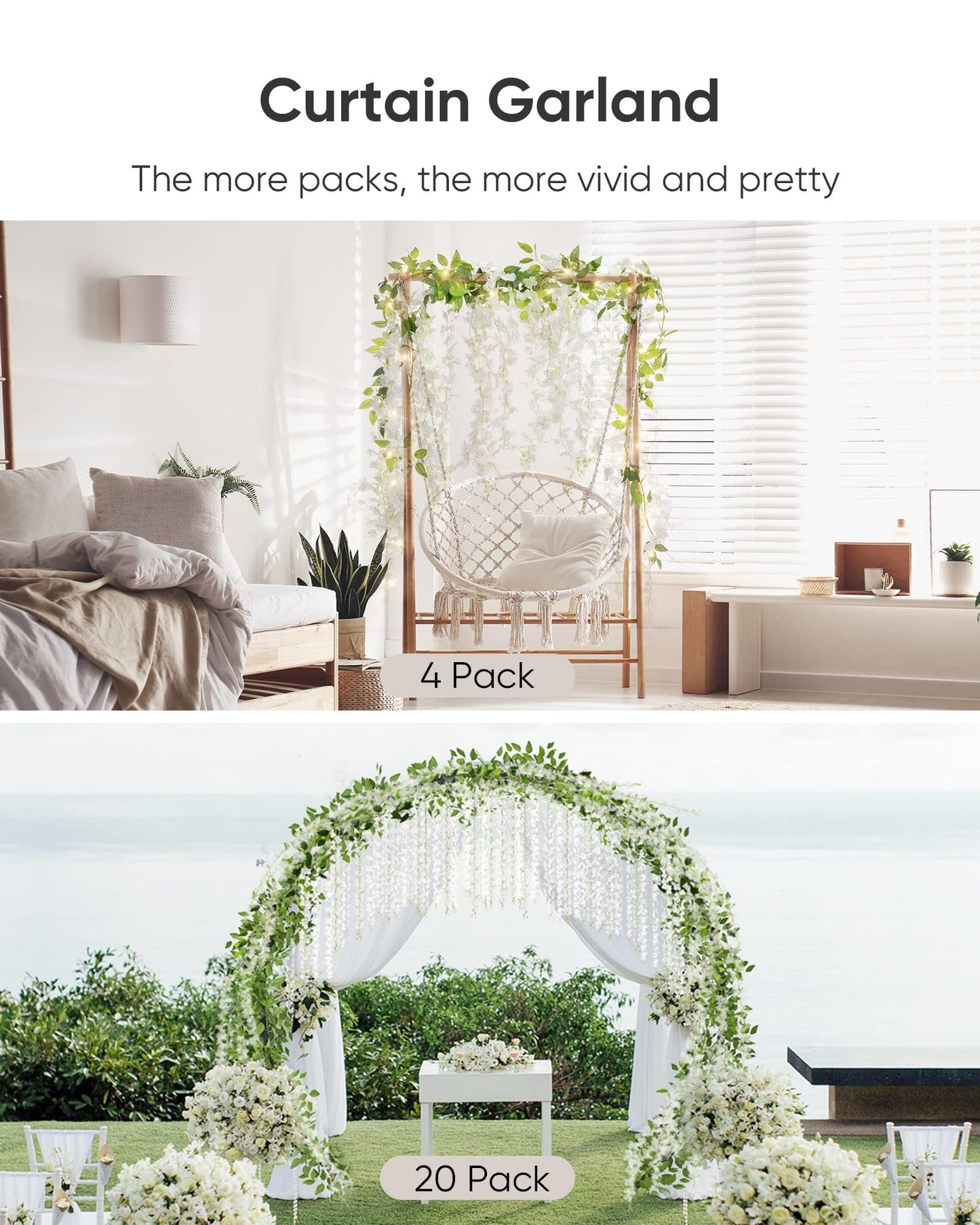 Koosom Wisteria Hanging Flowers 4 Packs, 40 Branches 6ft Artificial White Silk Wisteria Vine with Lights Garland for Aesthetic Bedroom Party Garden Home Decor Wedding