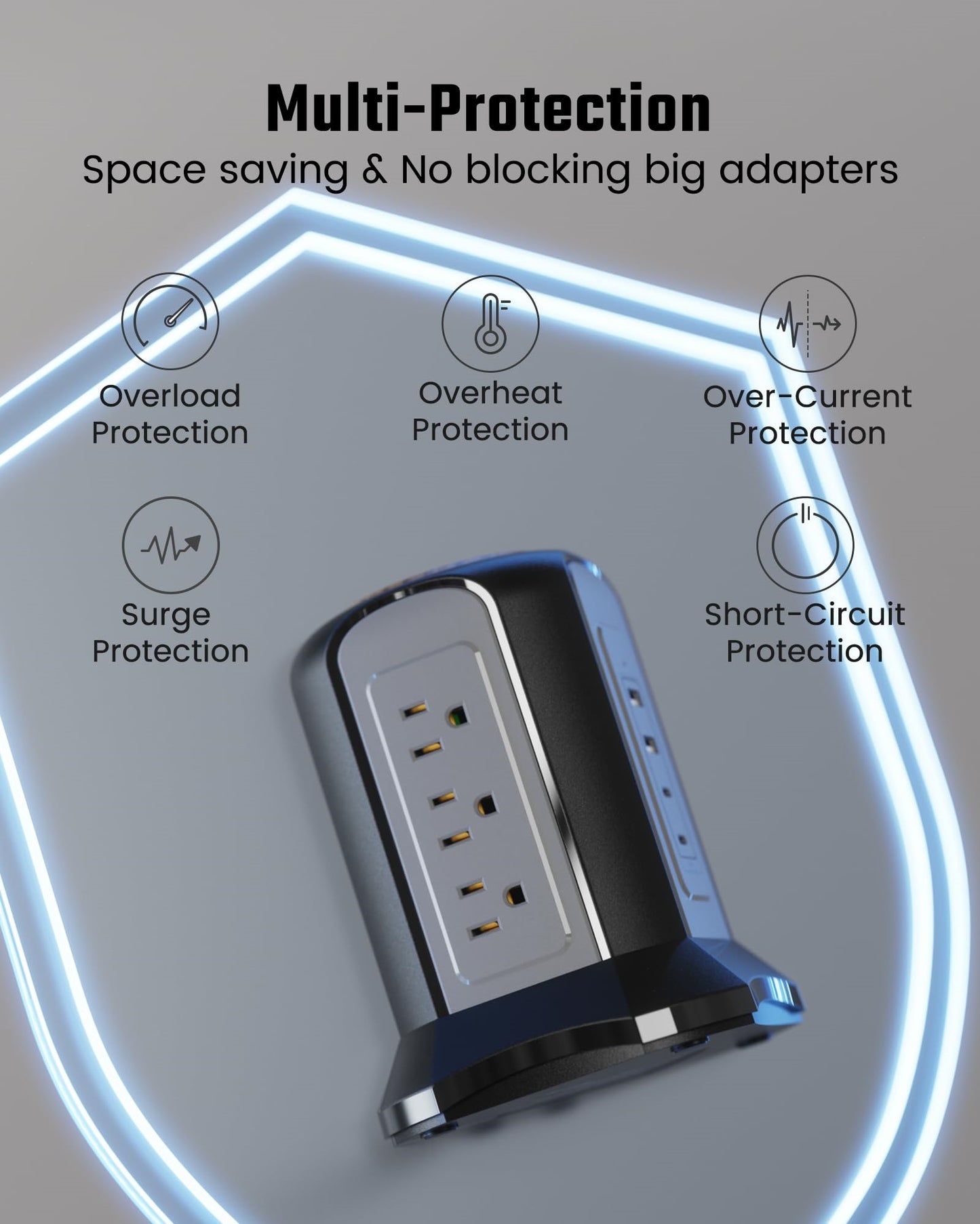Koosom Power Strip Tower Surge Protector, Desktop Charging Station, 10 Ft Extension Cord, 9 Outlets, 4 USB Ports, 1080 Joules, 3-Prong, Grounded, Multiple Protections for Home, Office, Black