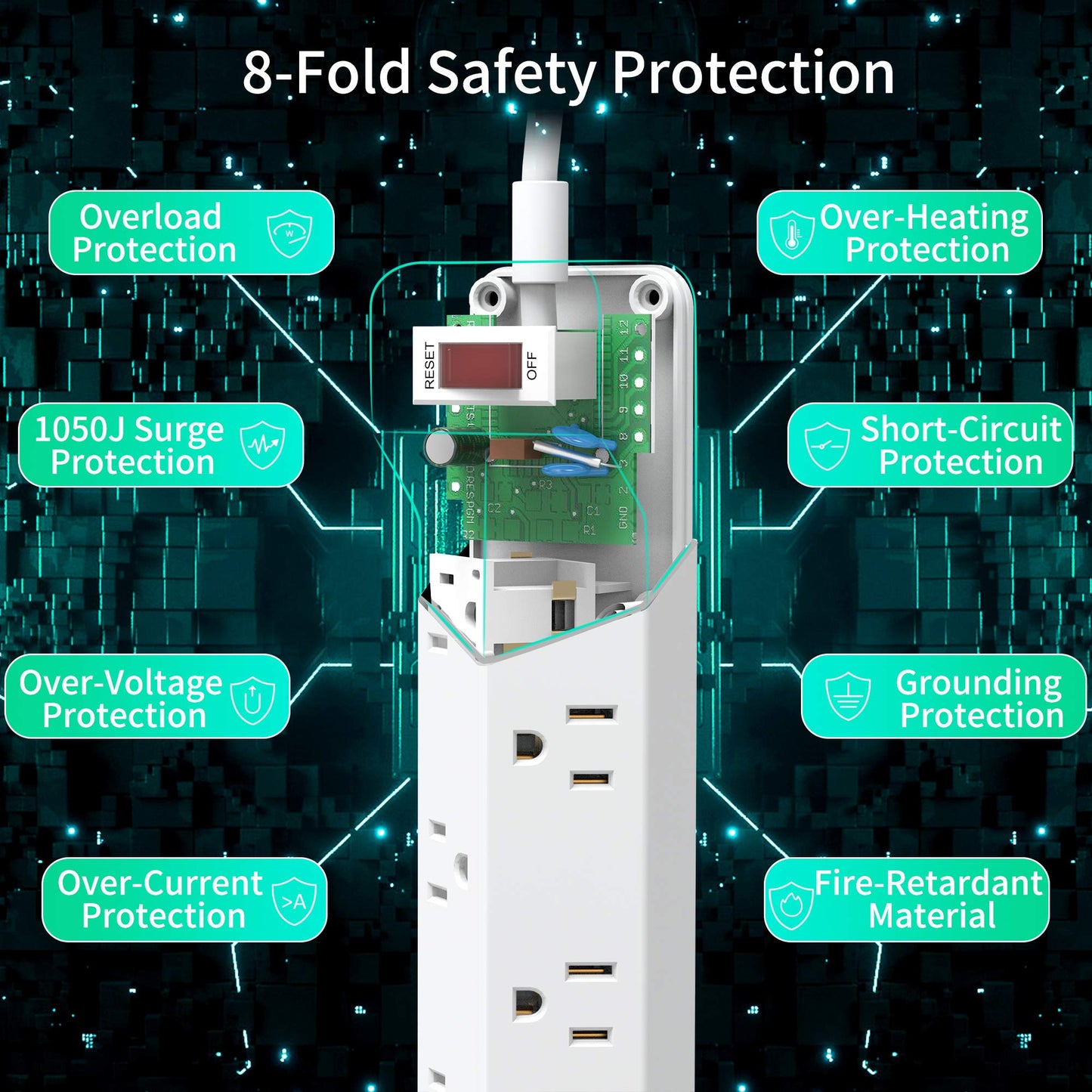 Koosom 16.5 Ft Power Strip Surge Protector Flat Plug with USB, 7 Wide Spaced Outlets 3 USB Ports Mountable Extension Cord Charging Station, Overload Protection for Home Office Hotel Dorm, White