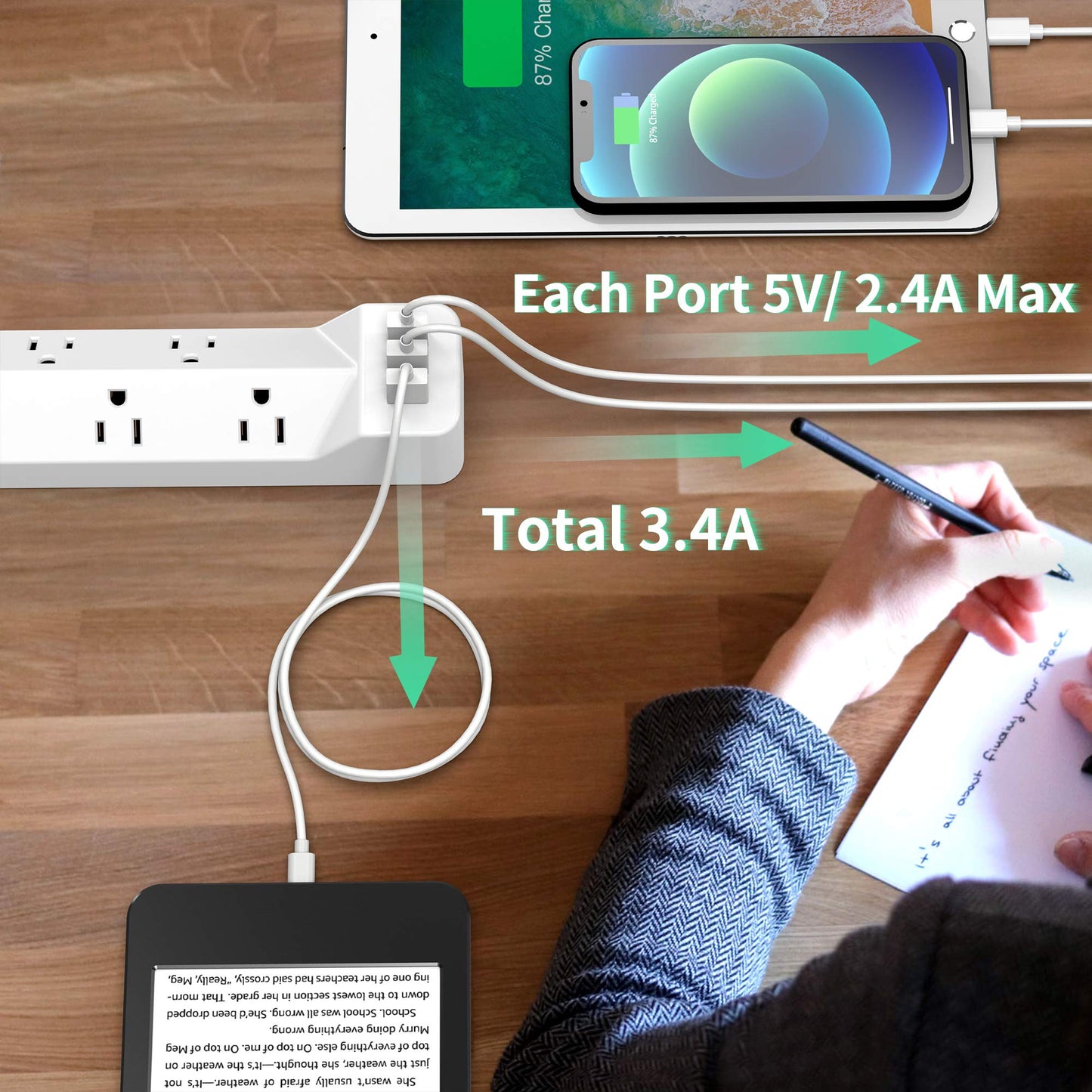Koosom 16.5 Ft Power Strip Surge Protector Flat Plug with USB, 7 Wide Spaced Outlets 3 USB Ports Mountable Extension Cord Charging Station, Overload Protection for Home Office Hotel Dorm, White
