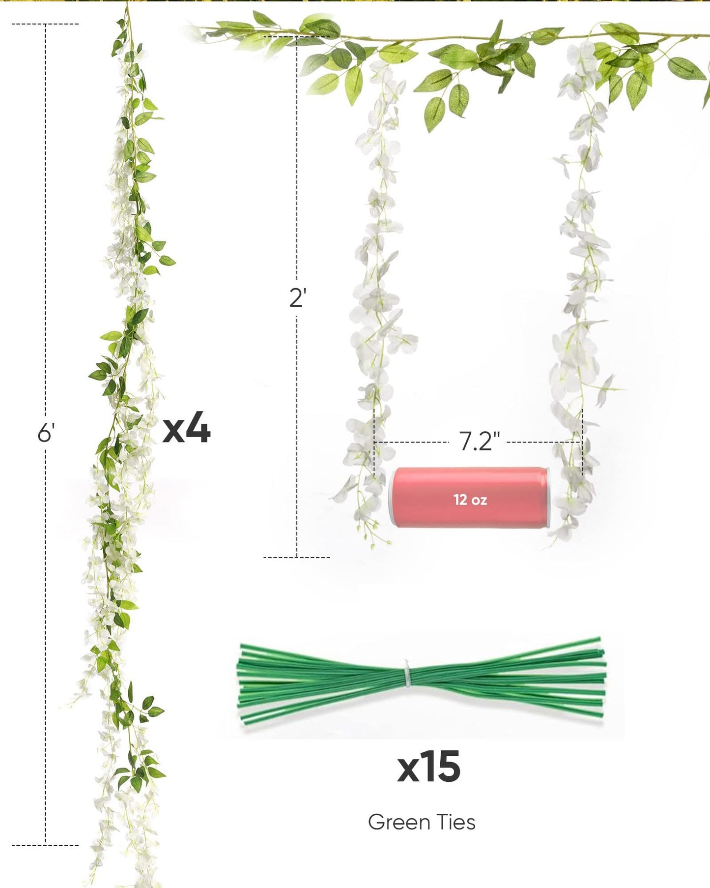 Koosom Wisteria Hanging Flowers 4 Packs, 40 Branches 6ft Artificial White Silk Wisteria Vine with Lights Garland for Aesthetic Bedroom Party Garden Home Decor Wedding