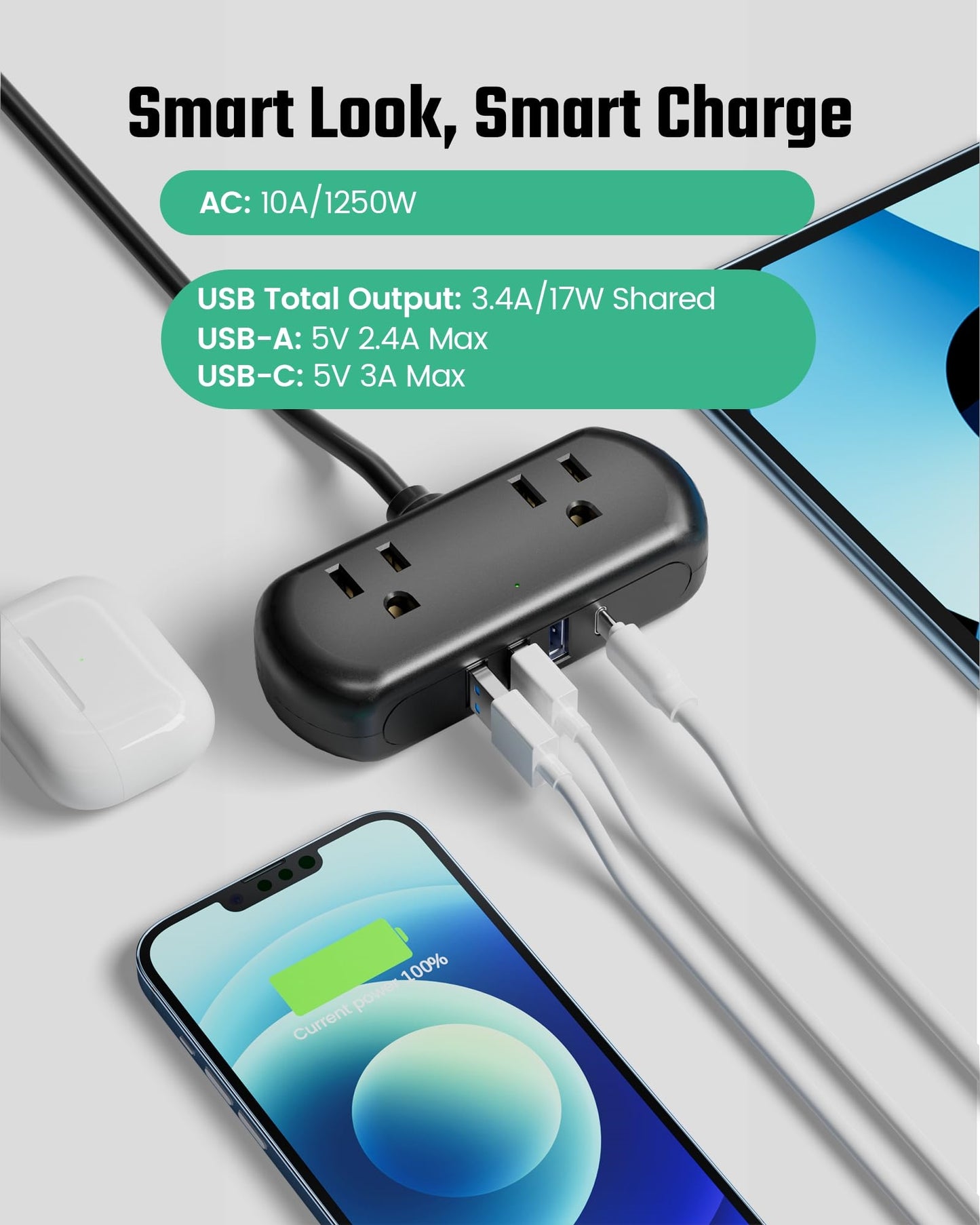 Koosom Power Strip with USB, Mini Surge Protector with 2 Wide-Spaced Outlets, 3 USB-A 1 USB-C, 5.05Ft Extension Cord, Flat Plug, Compact Size Desktop Charging Station Travel, Home, Office, Black