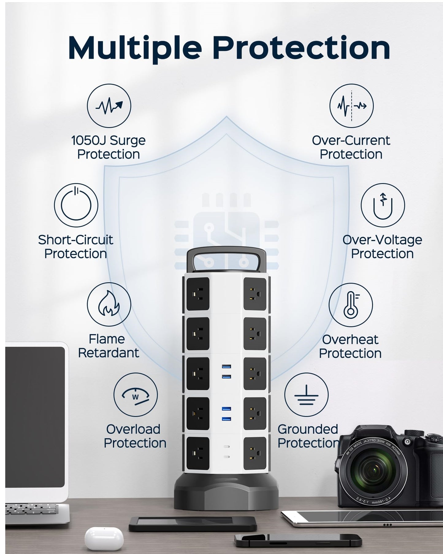 Koosom Power Strip Tower Surge Protector, 20 Outlets 6 USB (2 USB C) Charging Station, Extension Cord with Multiple Outlets, 1050J 1625W/13A Outlet Extender 6.5ft Extension Cord for Home Office