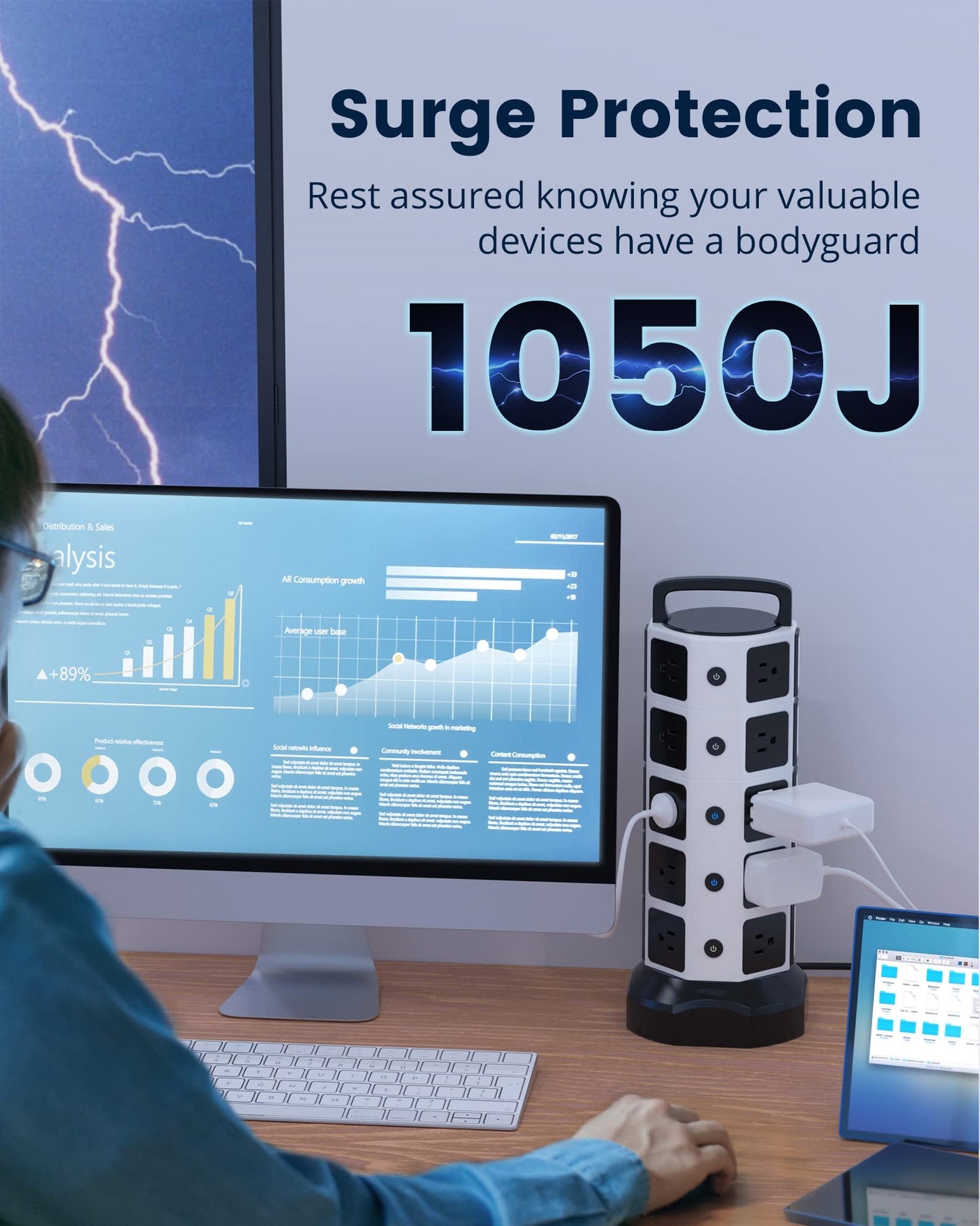 Koosom Power Strip Tower Surge Protector, 20 Outlets 6 USB (2 USB C) Charging Station, Extension Cord with Multiple Outlets, 1050J 1625W/13A Outlet Extender 6.5ft Extension Cord for Home Office