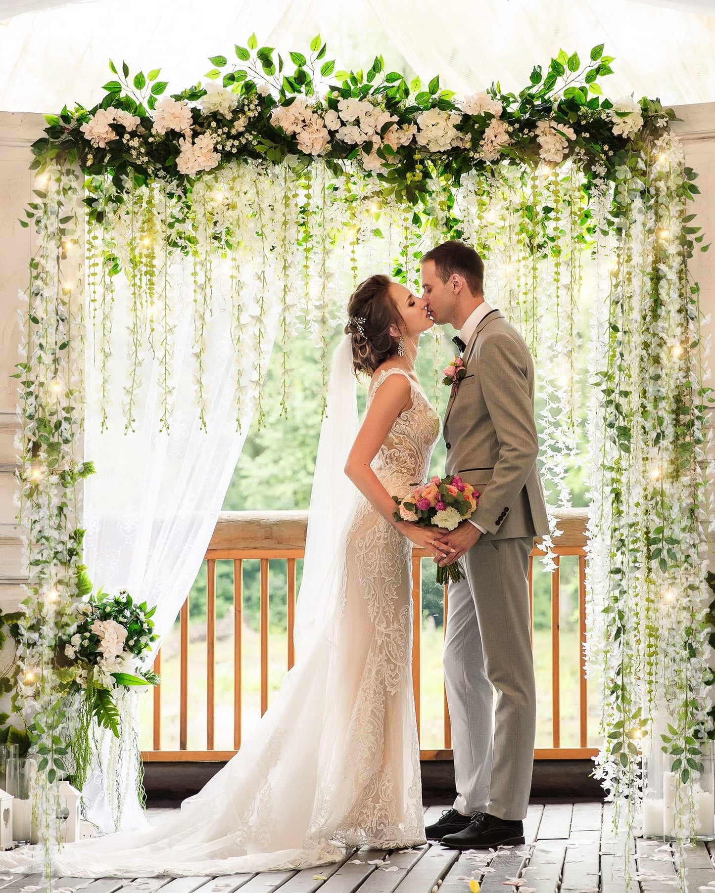 Koosom Wisteria Hanging Flowers 4 Packs, 40 Branches 6ft Artificial White Silk Wisteria Vine with Lights Garland for Aesthetic Bedroom Party Garden Home Decor Wedding