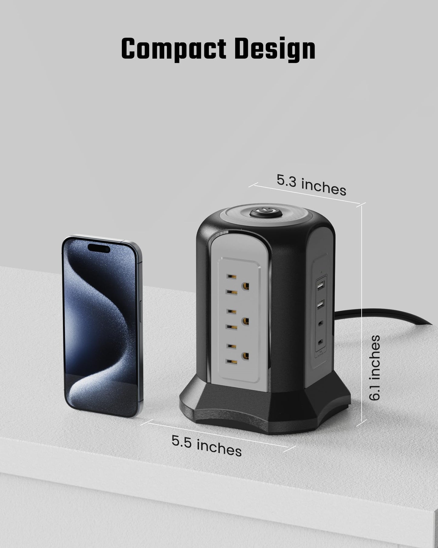 Koosom Power Strip Tower Surge Protector, Desktop Charging Station, 10 Ft Extension Cord, 9 Outlets, 4 USB Ports, 1080 Joules, 3-Prong, Grounded, Multiple Protections for Home, Office, Black