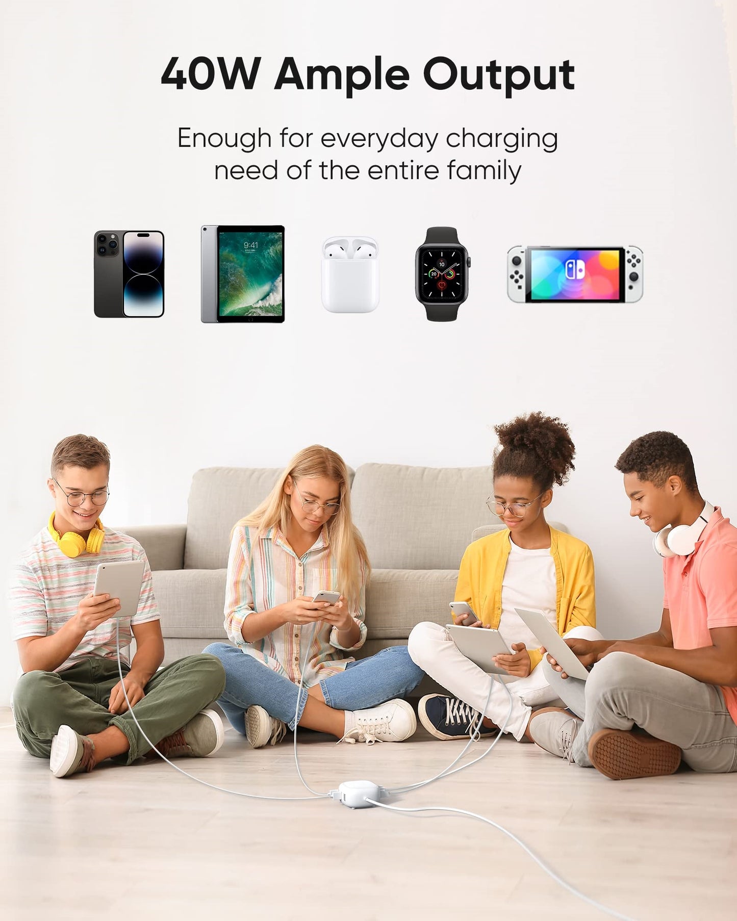 Koosom 6-Port USB Charger, 40W 8A Mini USB Charging Station, Charging Station for Multiple Devices, 4ft Cable, Compatible with iPhone, iPad, Galaxy, Pixel, for Travel, Cruise, White