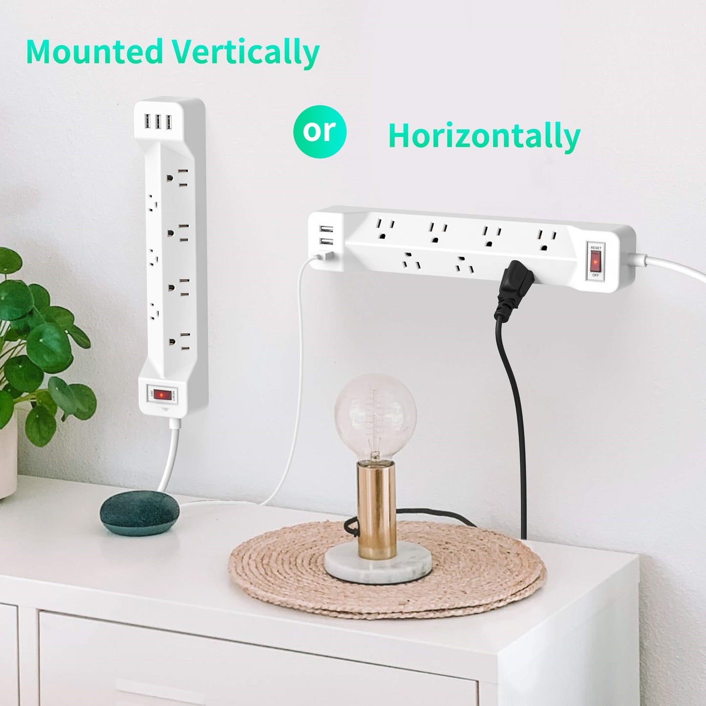 Koosom 16.5 Ft Power Strip Surge Protector Flat Plug with USB, 7 Wide Spaced Outlets 3 USB Ports Mountable Extension Cord Charging Station, Overload Protection for Home Office Hotel Dorm, White