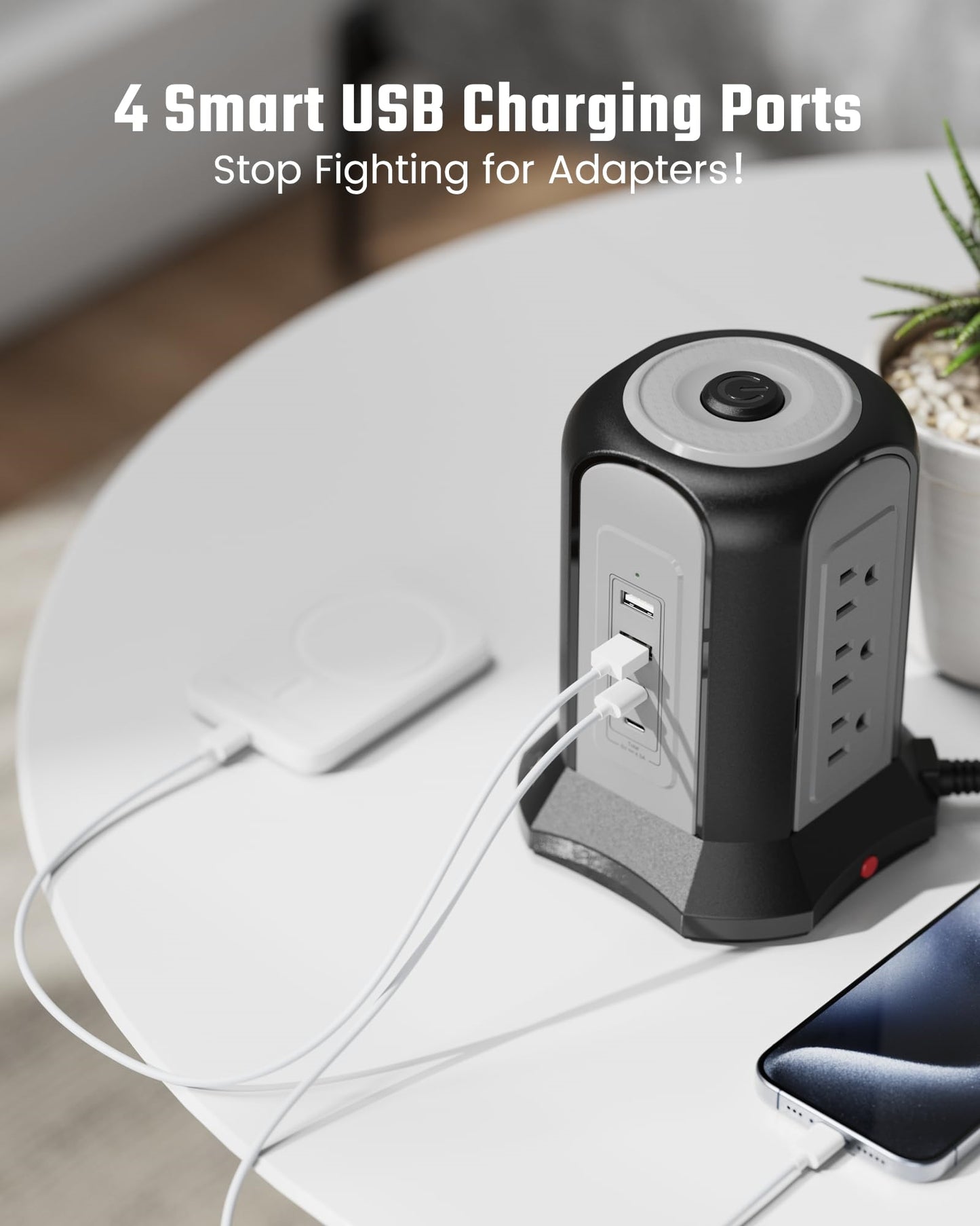 Koosom Power Strip Tower Surge Protector, Desktop Charging Station, 10 Ft Extension Cord, 9 Outlets, 4 USB Ports, 1080 Joules, 3-Prong, Grounded, Multiple Protections for Home, Office, Black