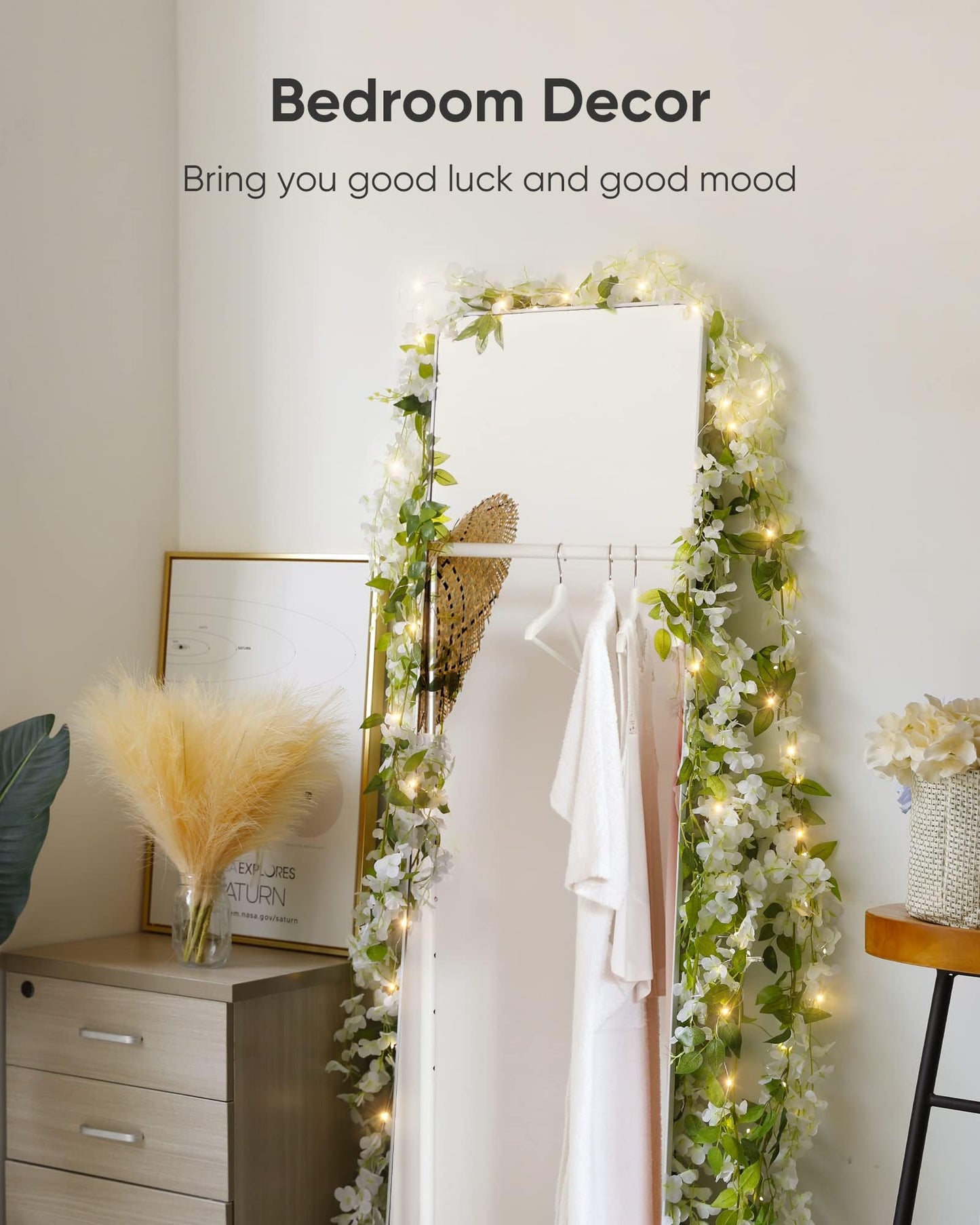 Koosom Wisteria Hanging Flowers 4 Packs, 40 Branches 6ft Artificial White Silk Wisteria Vine with Lights Garland for Aesthetic Bedroom Party Garden Home Decor Wedding