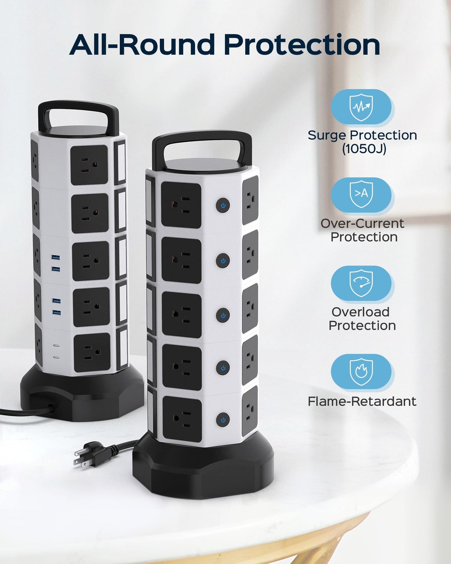 Koosom Power Strip Tower Surge Protector, 20 Outlets 6 USB (2 USB C) Charging Station, Extension Cord with Multiple Outlets, 1050J 1625W/13A Outlet Extender 6.5ft Extension Cord for Home Office