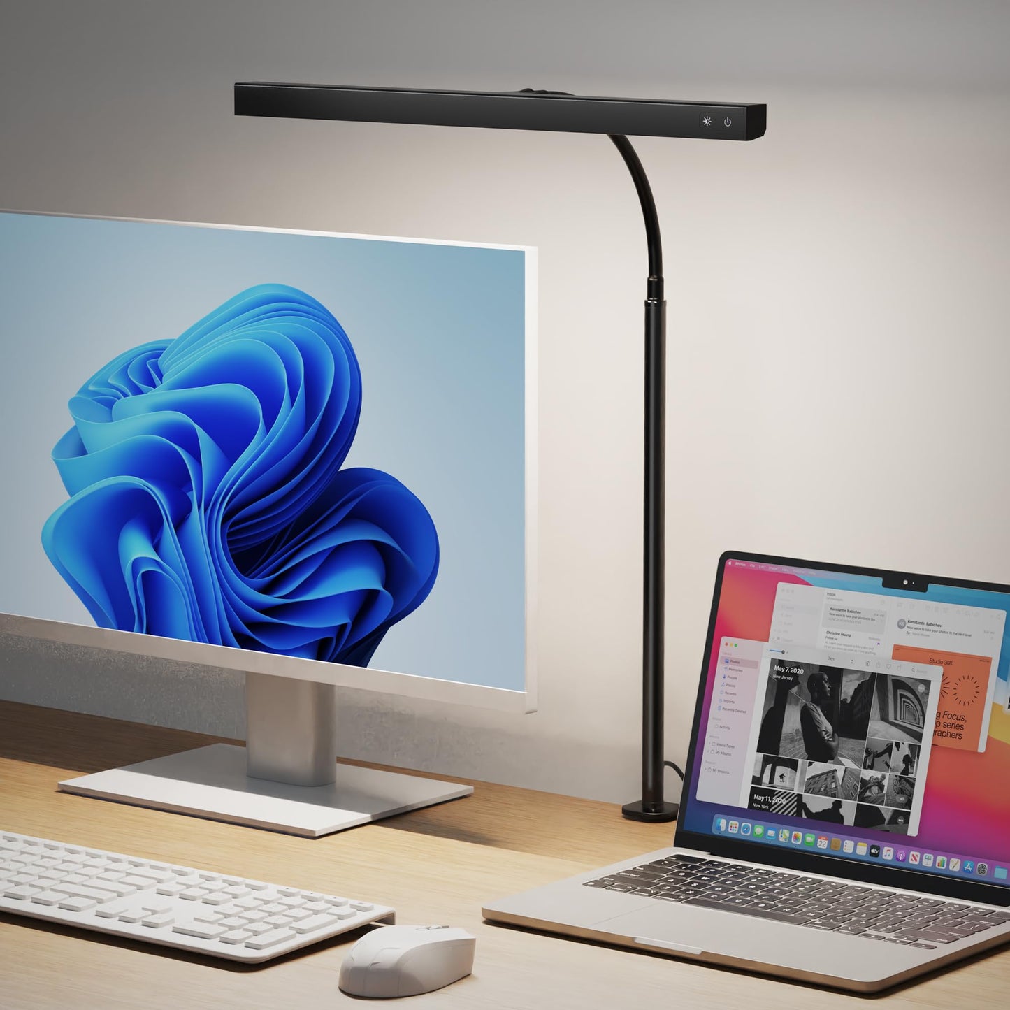 Koosom LED Desk Lamp for Office Home, Eye-Caring Desk Light with Adjustable Gooseneck, 12W Touch Control Dimmable Brightness, Architect Clamp Lamp with USB Adapter for Reading Study Workbench