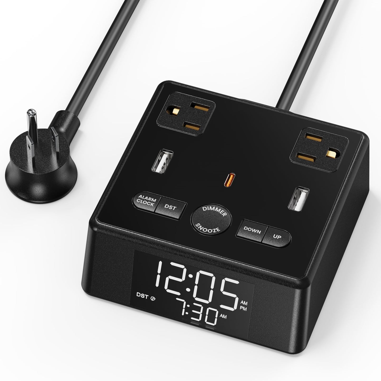 Koosom Digital Alarm Clock with 3 USB Charger, Desk Charging Station 2 AC Outlets, 6.5ft Cord, Power Strip Surge Protector 1700J, LCD Display, Easy Alarm Setting for Bedroom Dorm Room Hotel, Black