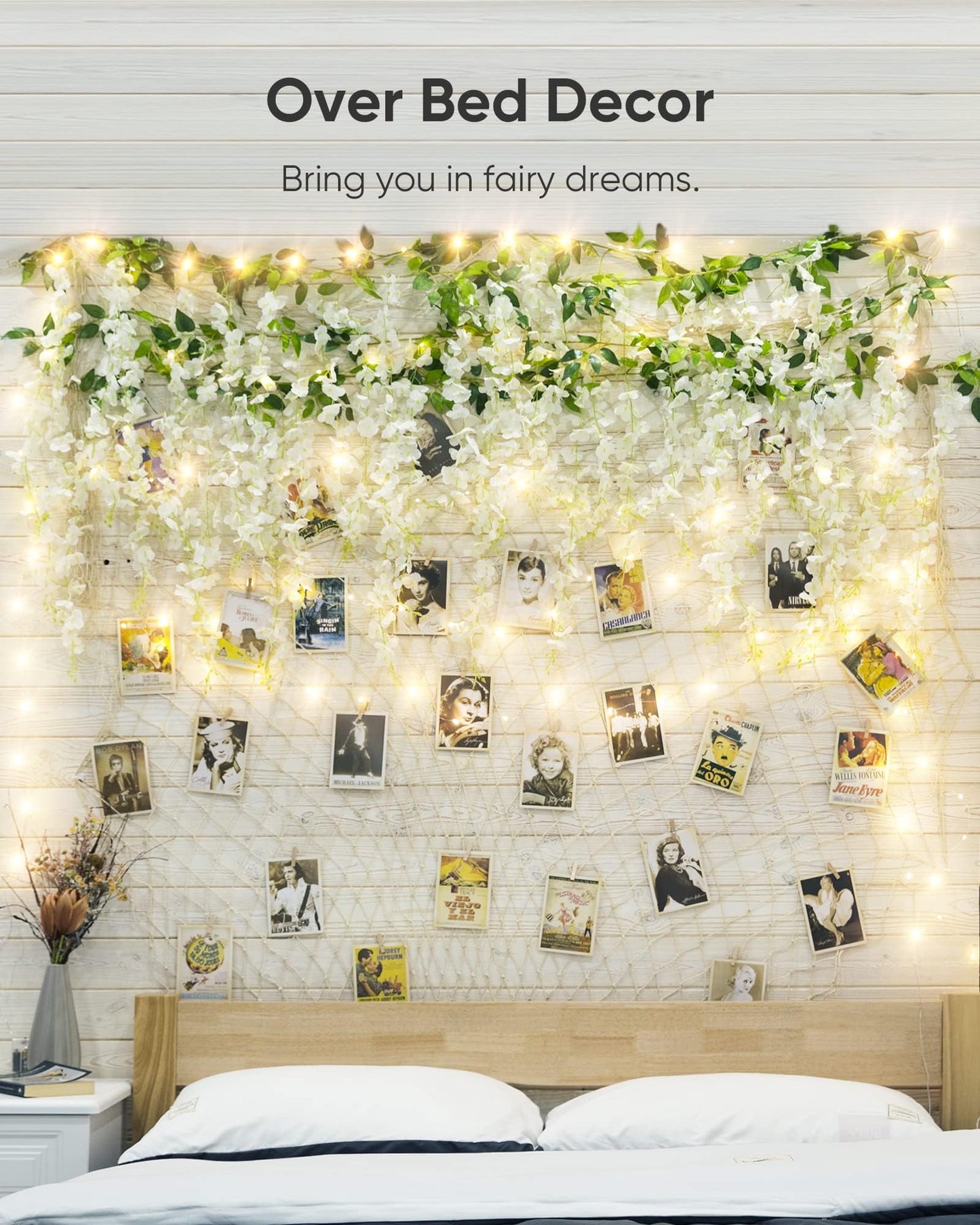 Koosom Wisteria Hanging Flowers 4 Packs, 40 Branches 6ft Artificial White Silk Wisteria Vine with Lights Garland for Aesthetic Bedroom Party Garden Home Decor Wedding